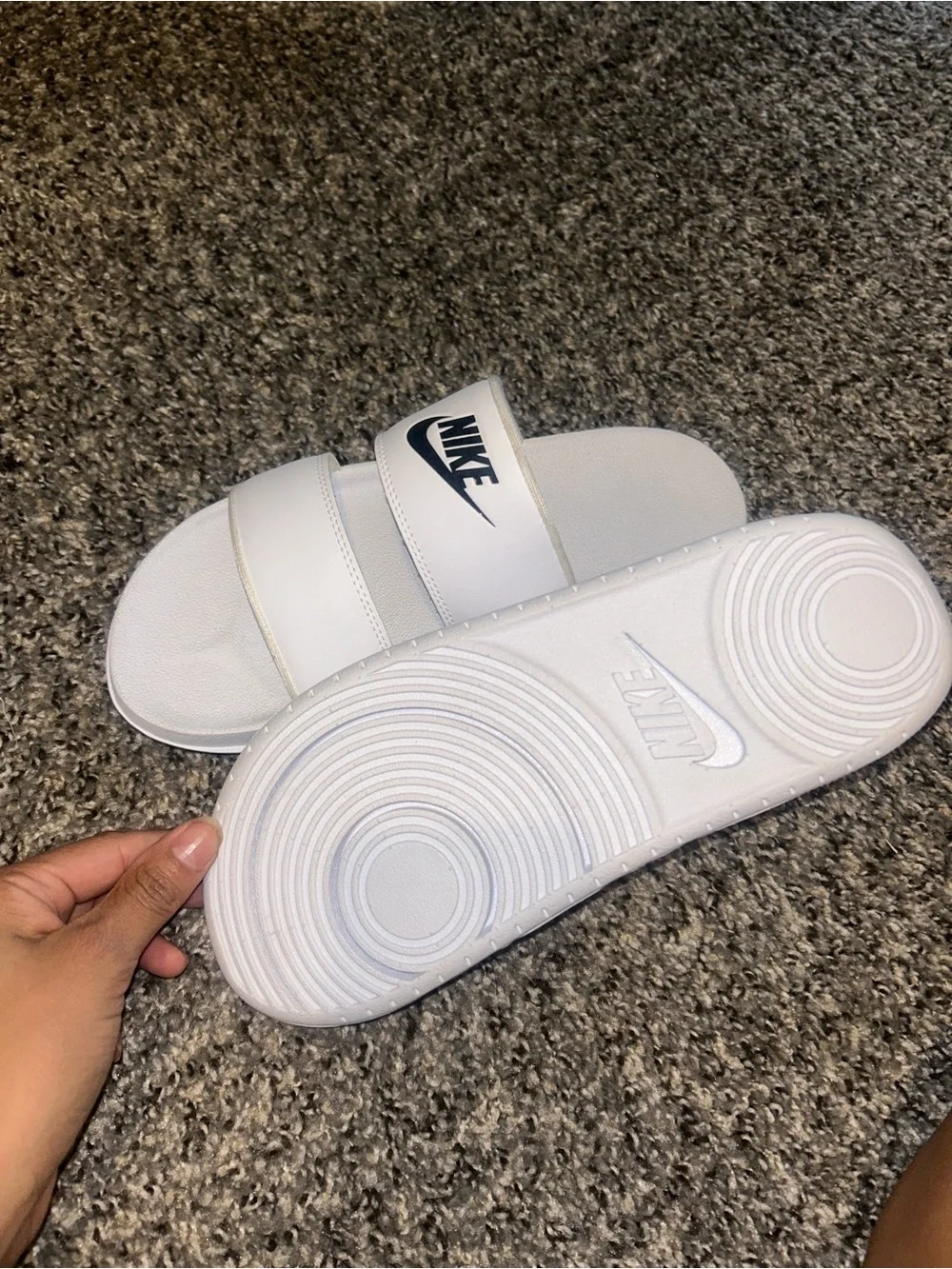 Nike White Slide Sandals with Black Logo - Picture 2 of 3